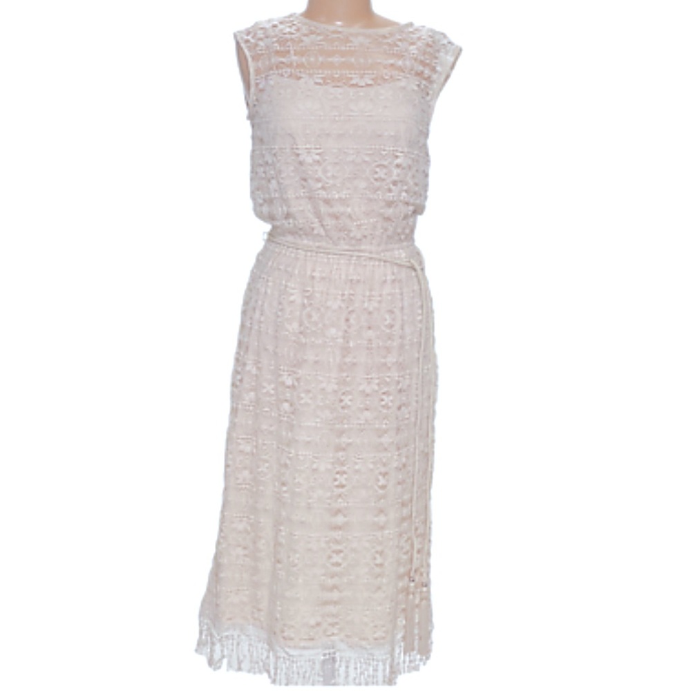 Jessica Howard lace & fringe white dress,rope style belt w/ bead tassel trim, 12